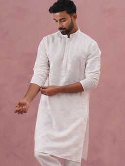 Jompers - Men White Silk Mandarin Neck Embroidered Kurta