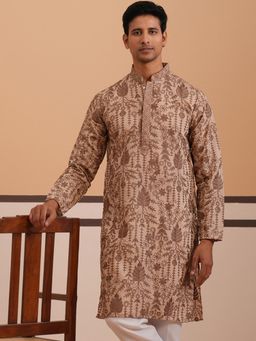 Jompers - Men Brown Cotton Mandarin Neck Embroidered Kurta