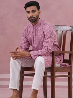 Jompers - Men Lavender Cotton Mandarin Neck Embroidered Kurta