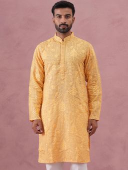 Jompers - Men Yellow Cotton Mandarin Neck Embroidered Kurta