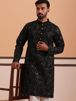 Jompers - Men Black Silk Mandarin Neck Embroidered Kurta