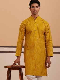 Jompers - Men Mustard Silk Mandarin Neck Embroidered Kurta