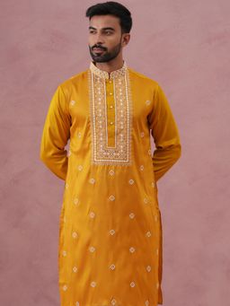 Jompers - Men Mustard Silk Mandarin Neck Embroidered Kurta
