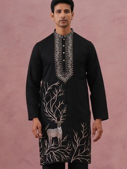 Jompers - Men Black Silk Mandarin Neck Embroidered Kurta