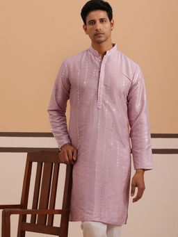 Jompers - Men Lavender Silk Mandarin Neck Embroidered Kurta
