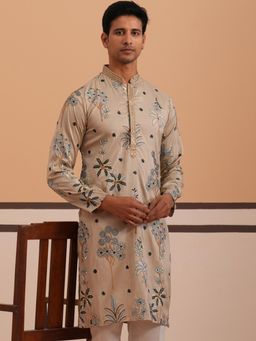 Jompers - Men Beige Cotton Mandarin Neck Embroidered Kurta