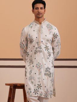 Jompers - Men White Cotton Mandarin Neck Embroidered Kurta