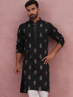 Jompers - Men Black Silk Mandarin Neck Embroidered Kurta