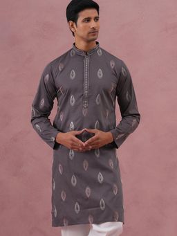 Jompers - Men Grey Silk Mandarin Neck Embroidered Kurta