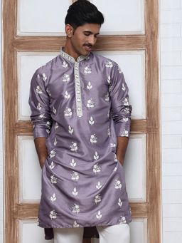 Jompers - Men Purple Silk Mandarin Neck Embroidered Kurta