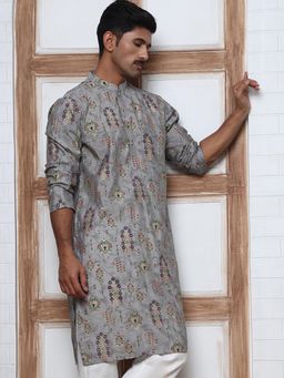 Jompers - Men Grey Silk Mandarin Neck Floral Kurta