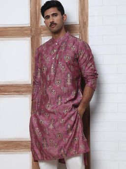 Jompers - Men Pink Silk Mandarin Neck Floral Kurta
