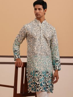Jompers - Men Blue Cotton Mandarin Neck Embroidered Kurta