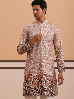 Jompers - Men Peach Cotton Mandarin Neck Embroidered Kurta