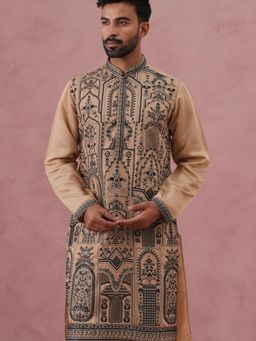 Jompers - Men Beige Silk Mandarin Neck Embroidered Kurta