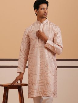 Jompers - Men Peach Silk Mandarin Neck Embroidered Kurta