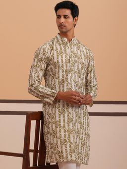 Jompers - Men Olive Cotton Mandarin Neck Printed Kurta