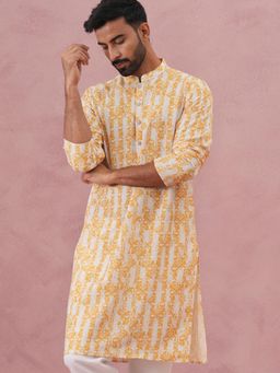 Jompers - Men Yellow Cotton Mandarin Neck Printed Kurta