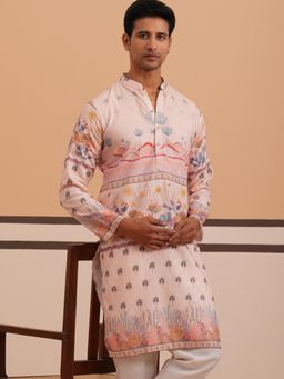 Jompers - Men Peach Cotton Mandarin Neck Floral Kurta
