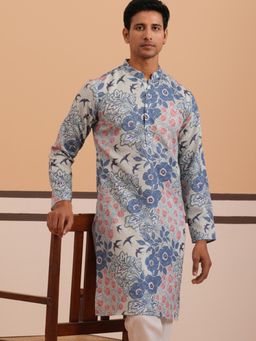 Jompers - Men Blue Cotton Mandarin Neck Floral Kurta
