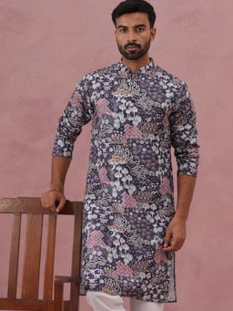 Jompers - Men Grey Cotton Mandarin Neck Floral Kurta