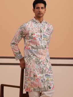 Jompers - Men White Cotton Mandarin Neck Floral Kurta