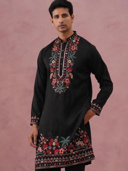 Jompers - Men Black Silk Mandarin Neck Embroidered Kurta