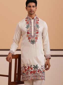 Jompers - Men White Silk Mandarin Neck Embroidered Kurta