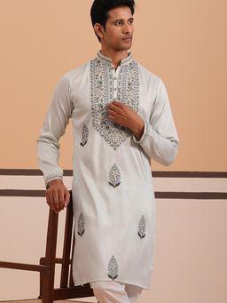Jompers - Men Blue Silk Mandarin Neck Embroidered Kurta