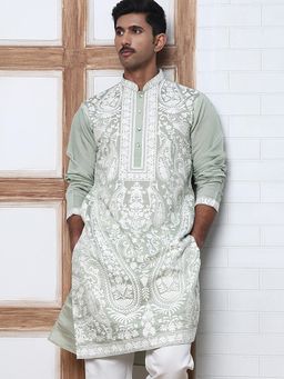 Jompers - Men Green Silk Mandarin Neck Embroidered Kurta