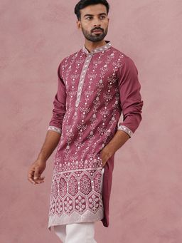 Jompers - Men Maroon Silk Mandarin Neck Embroidered Kurta