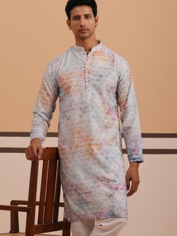 Jompers - Men Blue Cotton Mandarin Neck Abstract Kurta