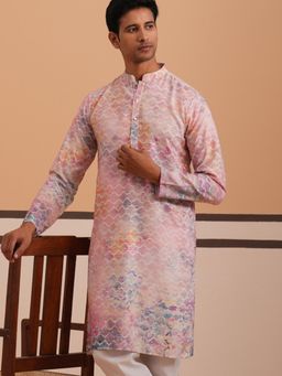 Jompers - Men Peach Cotton Mandarin Neck Abstract Kurta