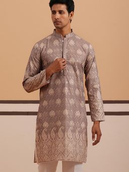 Jompers - Men Grey Cotton Mandarin Neck Embroidered Kurta