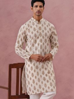Jompers - Men Cream Silk Mandarin Neck Floral Kurta