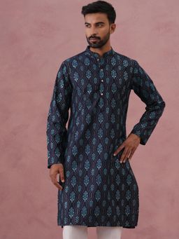 Jompers - Men Navy Blue Silk Mandarin Neck Floral Kurta