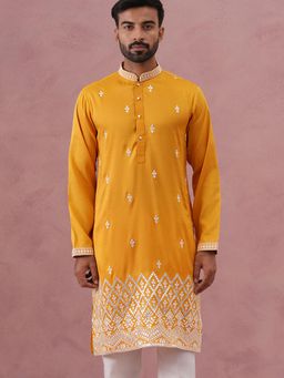 Jompers - Men Mustard Silk Mandarin Neck Embroidered Kurta