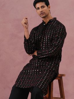 Jompers - Men Black Silk Mandarin Neck Embroidered Kurta