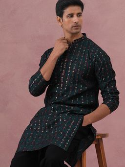 Jompers - Men Olive Silk Mandarin Neck Embroidered Kurta
