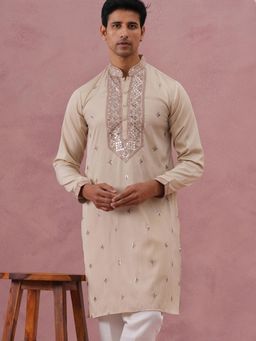 Jompers - Men Cream Silk Mandarin Neck Embroidered Kurta