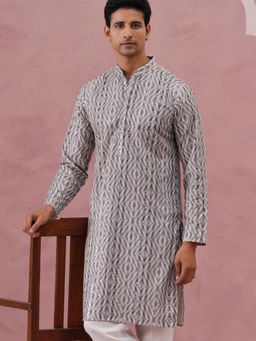 Jompers - Men Grey Silk Mandarin Neck Geometric Kurta