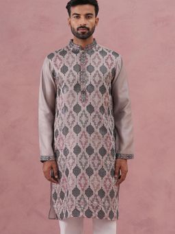 Jompers - Men Grey Silk Mandarin Neck Embroidered Kurta