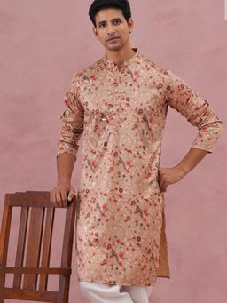 Jompers - Men Gold Silk Mandarin Neck Floral Kurta