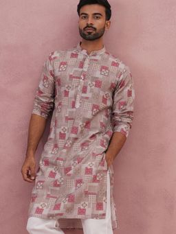 Jompers - Men Brown Silk Mandarin Neck Geometric Kurta