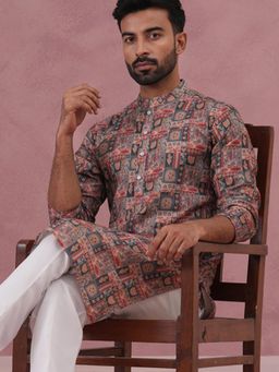 Jompers - Men Grey Silk Mandarin Neck Geometric Kurta