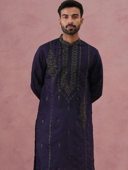 Jompers - Men Navy Blue Silk Mandarin Neck Embroidered Kurta