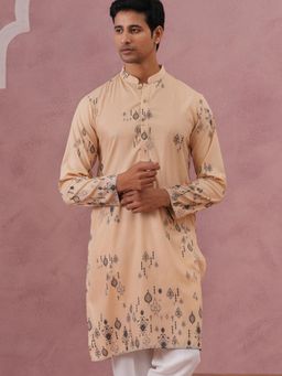 Jompers - Men Beige Silk Mandarin Neck Printed Kurta