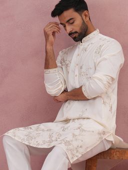 Jompers - Men White Silk Mandarin Neck Embroidered Kurta