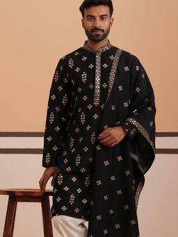 Jompers - Men Black Silk Mandarin Neck Embroidered Kurta with Dupatta