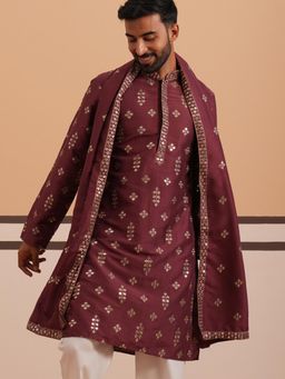 Jompers - Men Maroon Silk Mandarin Neck Embroidered Kurta with Dupatta